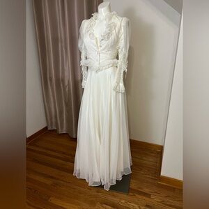 Vintage-Inspired White Long Sleeve Ruffled Maxi Dress